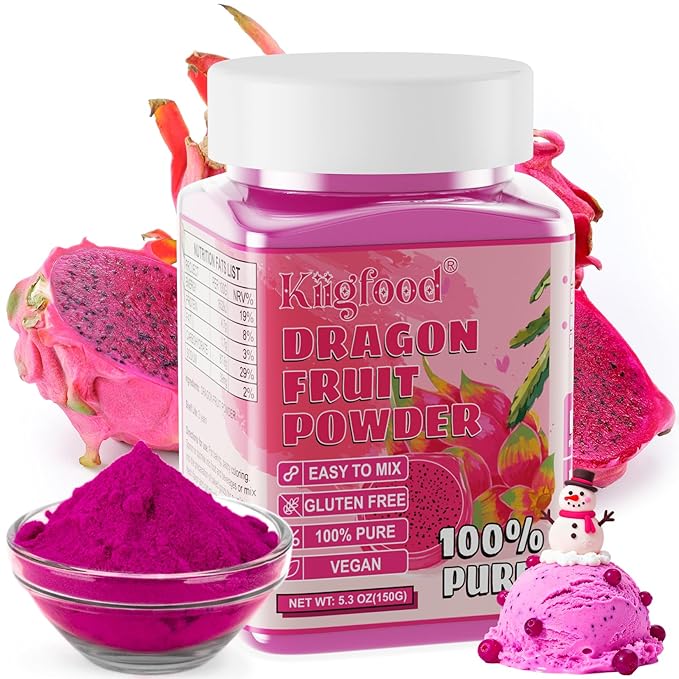 Dragon Fruit Powder - Kiigfood 5.3 oz/150g Natural Fruit Powder, Freeze-Dried Pink Pitaya Powder for Dragon Fruit Syrup, Drink, Christmas Baking, Smoothies, Cocktail, Food Coloring - Vegan, Non-GMO, Gluten-Free