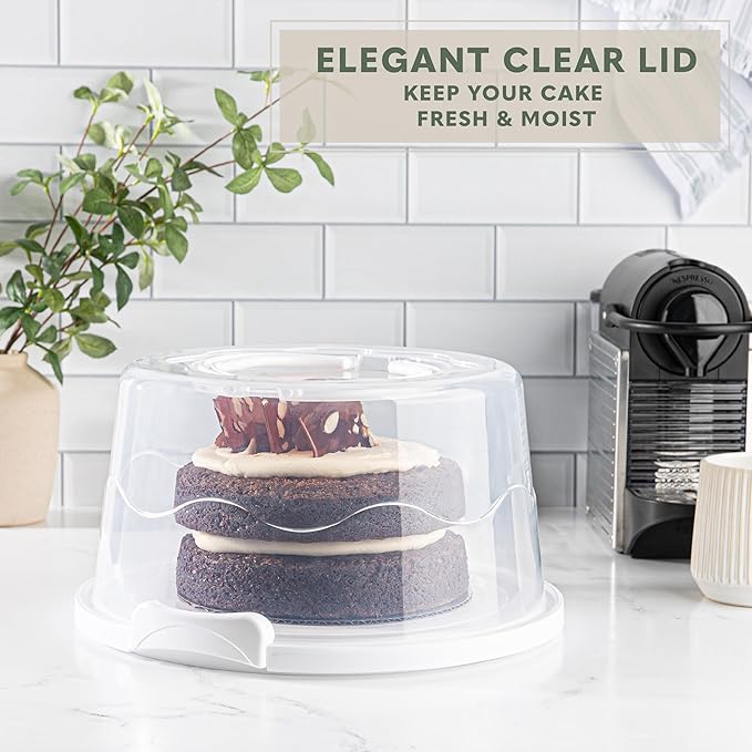 EXTRA LARGE & EXTRA STURDY Cake Carrier, Cake Stand with Lid and Foldable Handles - Multifunctional Serving Platter and Cake Plate - Cake Container with Dome and Strong Snaps 13 x 13 x 7 inch (White)