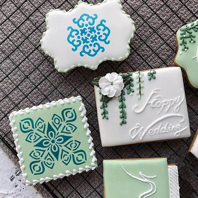 25 Pcs Scroll Tile Cookie Stencils, Reusable Floral Baking Stencils for Cake Decorating Royal Icing DIY Biscuit Painting Coffee and Dessert Design Tools, 6x6 Inch