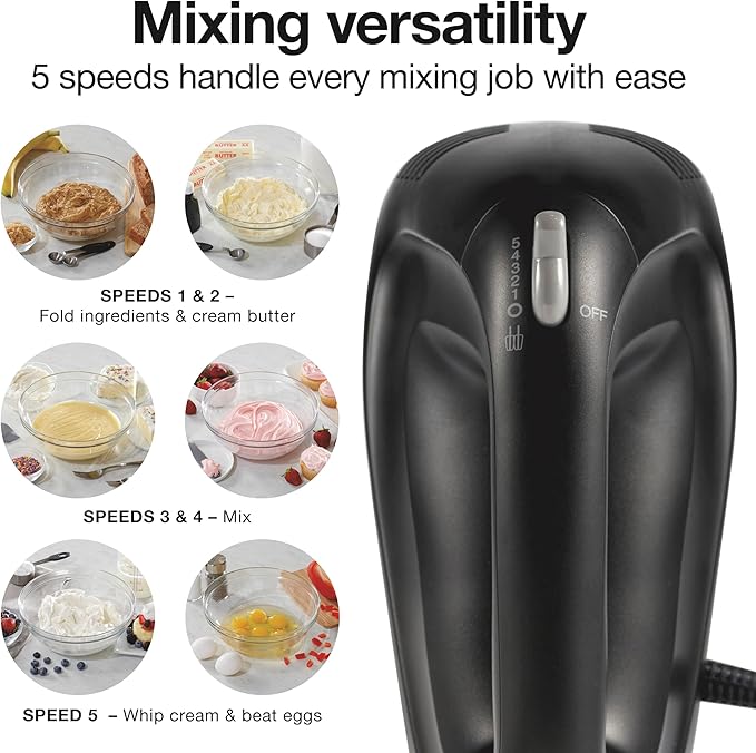 Proctor Silex Easy Mix 5-Speed Electric Hand Mixer with Bowl Rest, Compact and Lightweight, 215 Watts of Peak Power, Storage Case, Black (62512)