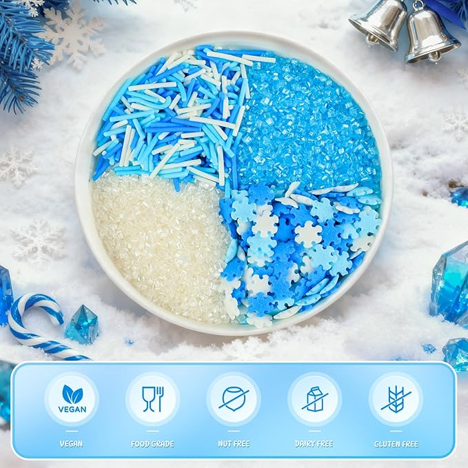 Winter Sprinkles 4 Jars Christmas Sanding Sugar Snowflake Confetti Snowman Jimmies Baking Decorations for Holiday Cookies Cupcakes 12oz