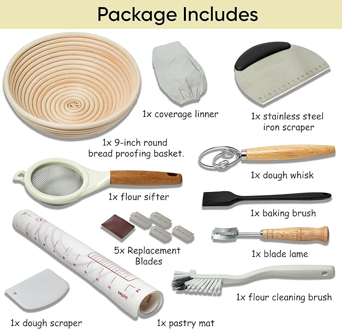 Sourdough Starter Kit With 9" Banneton Bread Proofing Basket Complete Sourdough Bread Baking Supplies with All Bread Making Tools Flour Sifter Dough Scraper Bread Lame Whisk PastryMat Sour dough tool