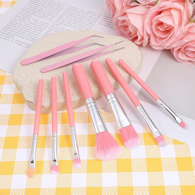 9 Pieces Candy Cookie Decoration Brush, Cake Decorating Tool Set Pastry Brush and Cake Decorating Brushes Stainless Steel Elbow and Straight Tweezers for Baking Fondant DIY Cakes Sugar(Pink Color)
