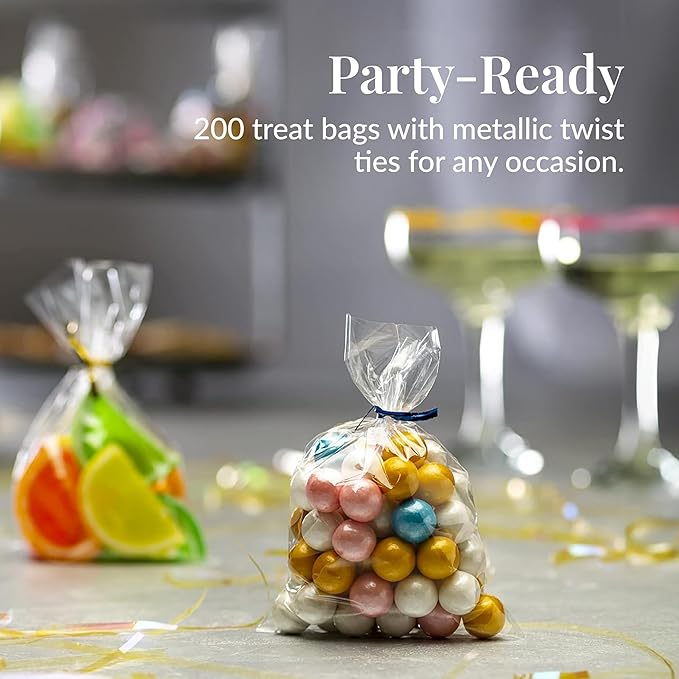 Prestee 200 Pack Clear Plastic Cellophane Bags Goodie Bags [4x6] with 4" Twist Ties, Candy Bags, Cookie Bags, Treat Bags with Ties, Clear Gift Bags, Cellophane Treat Bags (Pack of 200)