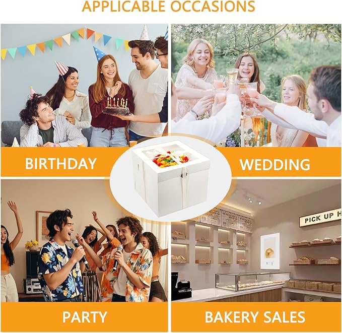 Aufind 16pcs Cake Boxes with Cake Board, 12x12x12 Inches White Bakery Boxes with Large Window for Cookies, Donuts, Cupcakes, Pastry & Pies