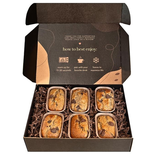 Gift Box of Gourmet Banana Bread by Sweetness Central, Baked Fresh for Each Order, Made with Belgian Chocolate Chips, The Perfect Dessert & Holiday Gift, Individually Wrapped to Arrive Soft & Moist, 6 Pack