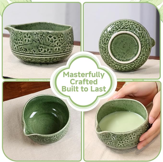 7 Pcs Matcha Whisk Set, Ceremony Matcha Kit with Matcha Bowl, Bamboo Whisk and Holder, Scoop and Scoop Rest, Sifter and Tea Towel, Gift for Matcha Lovers (Mottled Green/Cherry Blossom-Patterned)