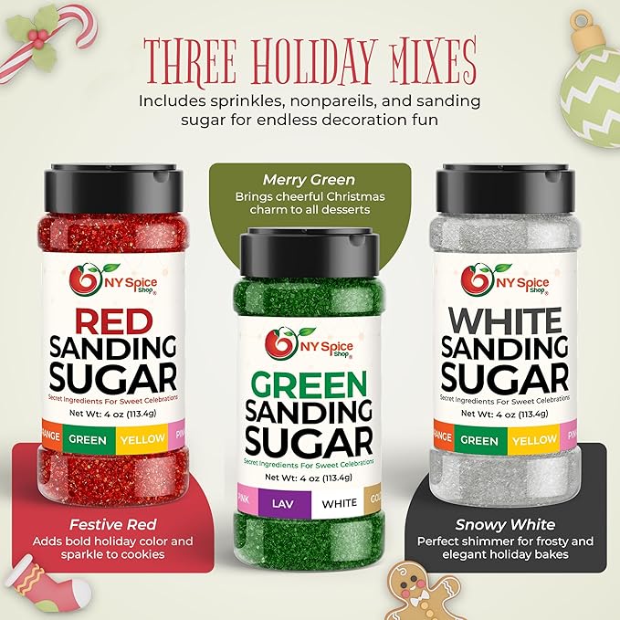 NY Spice Shop Christmas Sanding Sugar – Pack of 3 Red Green & White Baking Sugar Crystals - Holiday Dessert Decorations & Colorful Sugar - Christmas Themed Baking Supplies