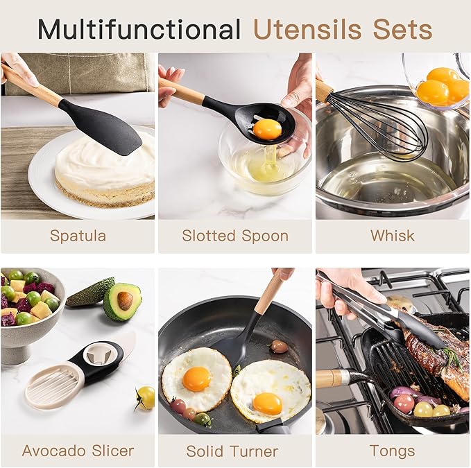 Astercook Kitchen Utensils Set, 39 PCS Silicone Cooking Utensils Set with Wooden Handle, 446°F Heat Resistant Food Grade Utensil Sets, BPA Free Kitchen Gadgets Tools Set for Nonstick Cookware (Black)