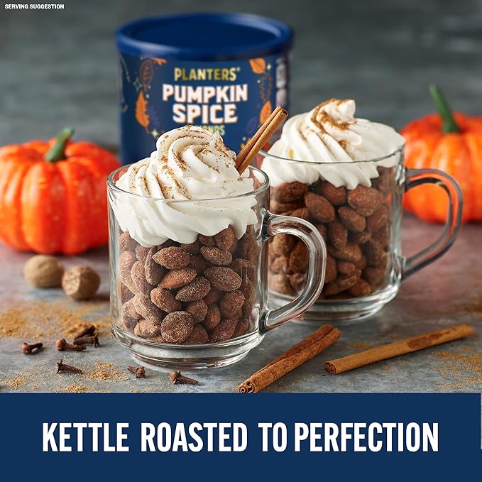 PLANTERS Fall Edition Pumpkin Spice Almonds, Pumpkin Spice Snacks, Cooking & Baking Nuts & Seeds, Flavored Almonds, Seasonal Nuts, Fall Party Snacks, Plant-Based Protein, 15.25 oz Canister