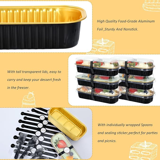 Mini Loaf Pans with Lids and Spoons (100 Pack, Black-gold, 6.8oz) Rectangular Aluminum Foil Baking Pans