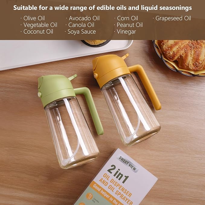 16oz/470ml Oil Dispenser and Oil Sprayer, Glass Olive Oil Pourer for Kitchen, Air Fryer, Cooking, Salad, BBQ(Green)