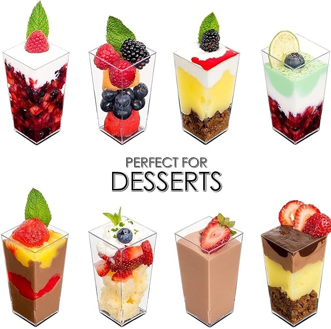 DLux 50 x 3 oz Mini Dessert Cups with Spoons, Square Tall - Clear Plastic Parfait Appetizer Cup - Small Reusable Serving Bowl for Party Desserts Appetizers - With Recipe Ebook