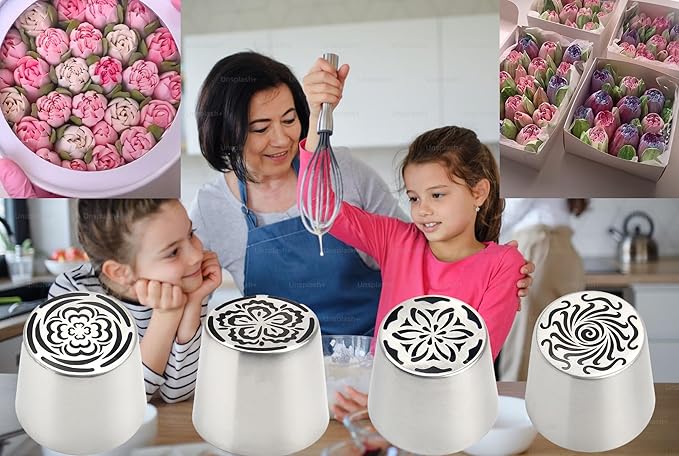 Russian Piping Tips Set 2PCS Stainless Steel Cake Decorating Kit for 3D Flowers Roses Extra Large Icing Nozzles Flower Tips Baker Tools for Wedding Birthday Cakes Cupcakes Cookies (Silver A-2)