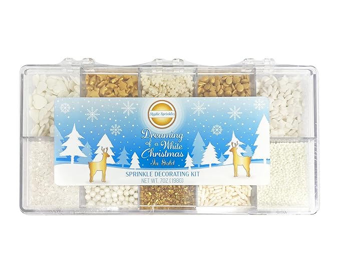 Mystic Sprinkles Christmas Holiday sprinkle Decorating Kits (Dreaming of a White Christmas in Gold Sprinkle Decorating Kit 7oz)