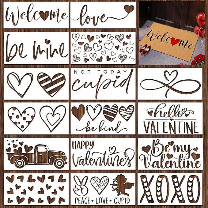 Dunzy 16 Pcs Valentine's Day Stencils for Door Mats Crafts Reusable Merry Valentine's Day Welcome Templates Large Stencil for Painting on Wood Sign Wall Doormat DIY Project
