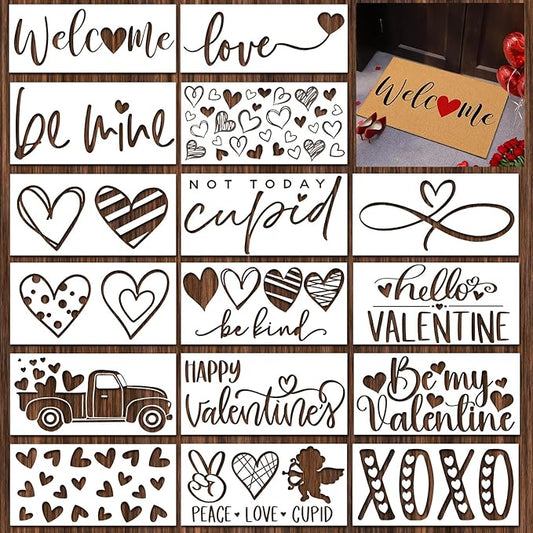 Dunzy 16 Pcs Valentine's Day Stencils for Door Mats Crafts Reusable Merry Valentine's Day Welcome Templates Large Stencil for Painting on Wood Sign Wall Doormat DIY Project