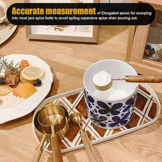Gold Measuring Cups and Spoons Set, 8 Piece Premium Stainless Steel Measuring Cups with Wood Handles for Baking Supplies in the Kitchen (Gold)