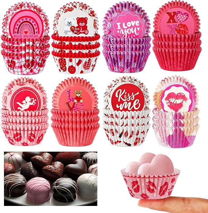 AUGSUN 800pcs Valentine's Day Mini Cupcake Liners Pink Red Valentine Cupcake Baking Cups Mini Cupcake Wrappers for Valentine's Day Party Cake Candy Chocolate Wrap Making Supplies(8 Style)