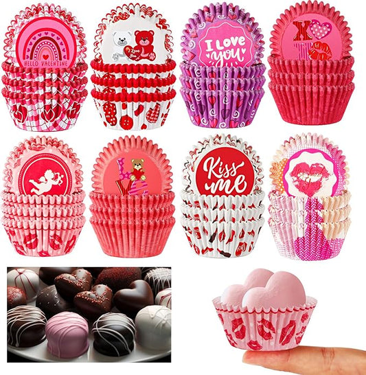 AUGSUN 800pcs Valentine's Day Mini Cupcake Liners Pink Red Valentine Cupcake Baking Cups Mini Cupcake Wrappers for Valentine's Day Party Cake Candy Chocolate Wrap Making Supplies(8 Style)