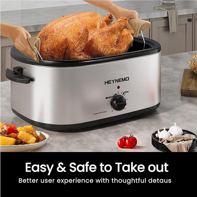 18 Quart Roaster Oven with Self-Basting Lid, Electric Turkey Roaster Oven with Defrost & Warm Function, Adjustable Temperature, Removable Pan Rack, Stainless Steel, Silver