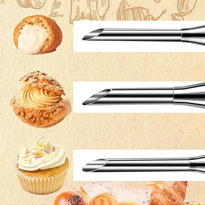 3Pcs Churro Piping Tip Long Cream Icing Piping Nozzle Tips with 2 Brushes Stainless Steel Eclair Piping Tip Small Icing Tips for Pastry Puff Cake Decorating Tools