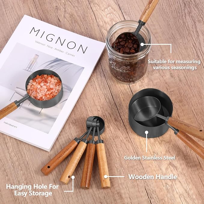 Measuring Cups and Spoons Set with Fragrant Wood Handles, 8 Piece Measuring Spoons and Measuring Cups Set,Precision Measuring Cup Set for the Kitchen Enthusiast(Black)