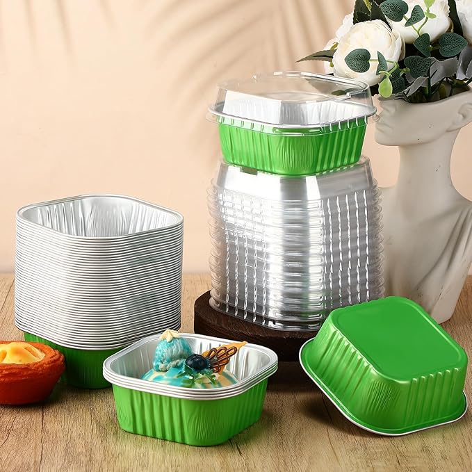 Aoriher 300 Pieces 10 oz Mini Cake Pans with Lids, Aluminum Foil Baking Cups, Square Disposable Cupcake Cups Baking Tins for Wedding Birthday Party Supplies(Green)