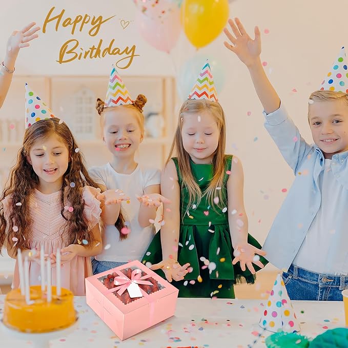 32Pcs 10 Inch Cake Boxes With Boards (16Pcs Pink, 16Pcs Boards), 10x10x5 Inch Bakery Boxes With Window, Carrier Container for Birthday Party, Wedding