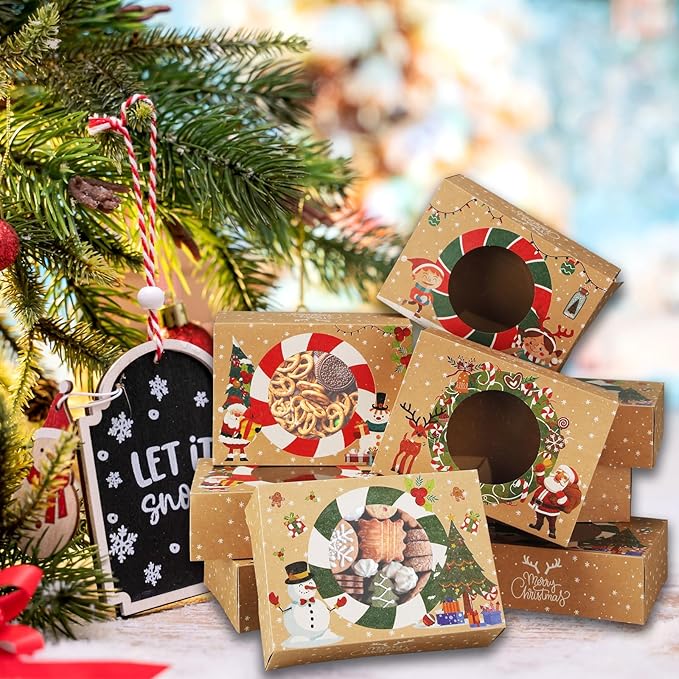 24pcs Christmas Cookie Boxes 8.25inx5.75inx2.75in-Christmas Kraft Paper-Bakery and Treat Boxes for Holiday Gift Giving and Christmas Party Supplies