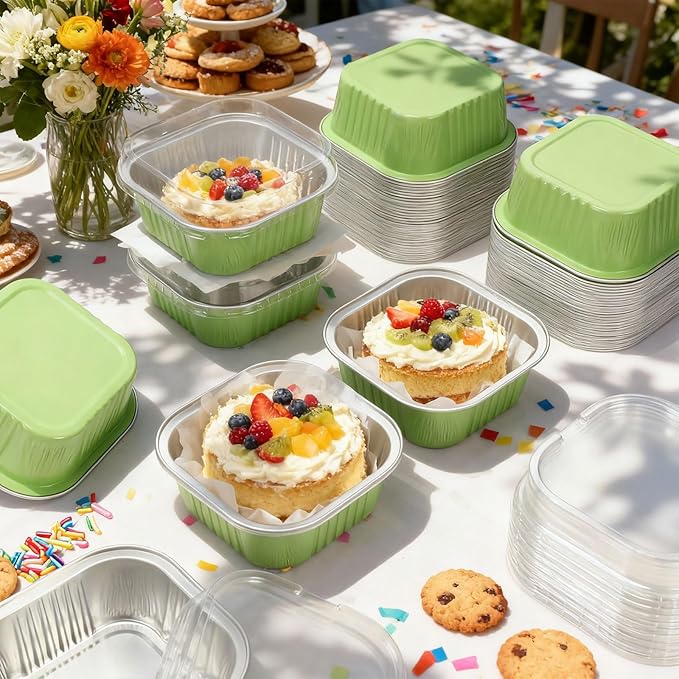 Aoriher 150 Pieces 10 oz Mini Cake Pans with Lids Aluminum Foil Baking Cups Square Disposable 4" x 4" Large Cupcake Cups Baking Tins for Kitchen Brownie Pudding Desserts Holders(Light Green)