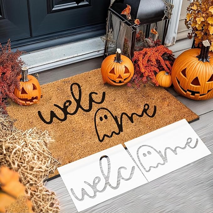 9 Pcs Large Halloween Stencils for Door Mats, Reusable Pumpkin Ghost Bat Painting Crafts, Halloween Stencils for Painting On Doormat Wood Wall Decor (Cute 9)