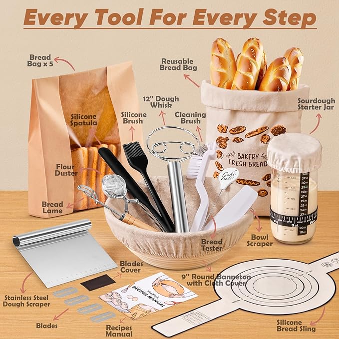 Complete Sourdough Starter Kit - 24 PCS 𝗣𝗥𝗘𝗠𝗜𝗨𝗠 Sourdough Bread Baking Supplies for Modern Kitchen, 9" Round Banneton Bread Proofing Baskets Making Tools for Beginners & HomeBakers