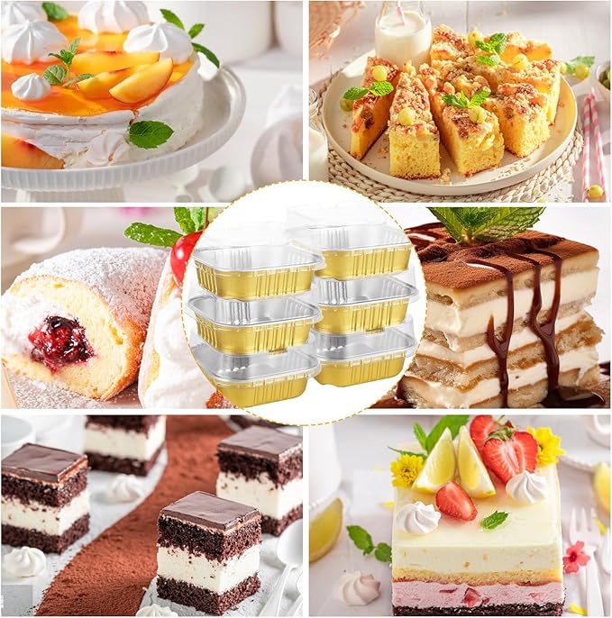 100 PCS Mini Cake Pans With Lids Mini Square Cake Pans with Lids Aluminum Foil Square Baking Cups Brownie Baking Cups Disposable Ramekins Cupcake Cups for Wedding Birthday Party, Gold