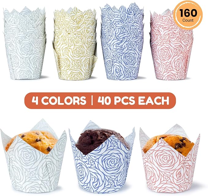 Parmedu 160pcs Tulip Paper Cupcake & Muffin Liners Oil Resistant - Standard Size 4 Colors Rose Pattern Baking Cups Cupcake Wrappers, Model BK010