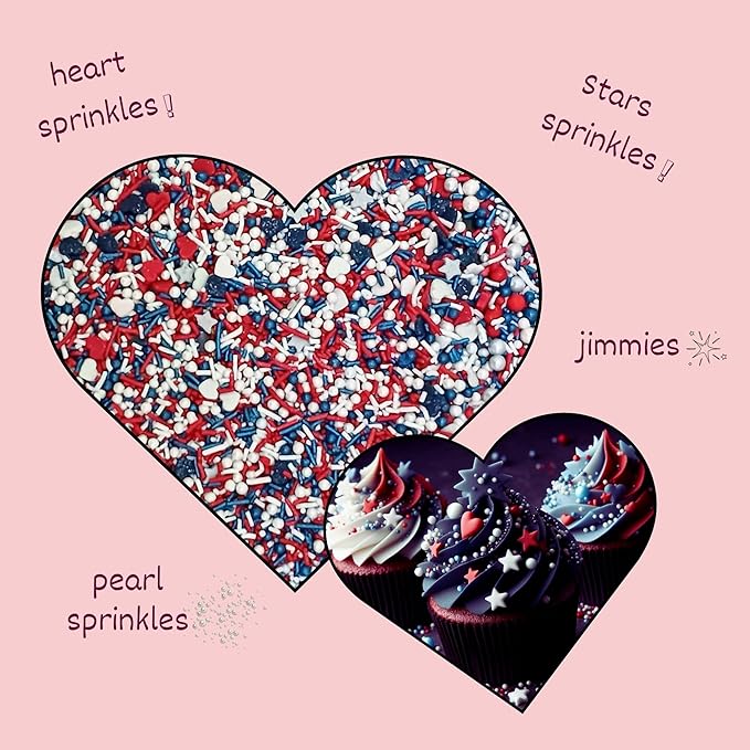 Confect Cake Mate Dessert Sprinkles – Edible Red, White & Navy blue Heart, Star, Pearl & Vermicelli Sprinkles – Toppings for Cake Decorating, Baking, Cupcakes, Cookies & Ice Cream | Vegan, Gluten-Free, Soy-Free, Dairy-Free, Palm Oil-Free- 4.2 Oz