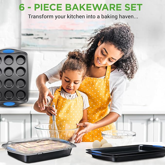 NutriChef Nonstick Bakeware Set of 6, Baking Pan with Cookie Sheets, 12-cup Muffin & Loaf pan – Easy to Clean, Oven Safe, Durable Warp Resistance Carbon Steel Pan Set for Baking, Roasting, & Cooking
