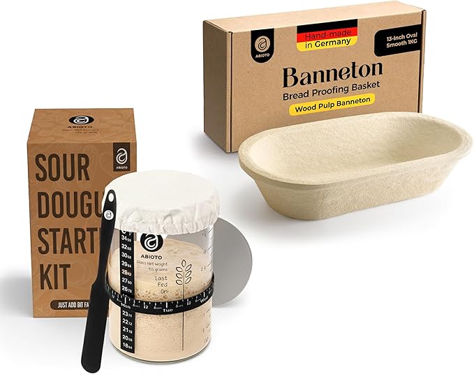 Sourdough Proofing Basket and Starter Jar Kit – 2.2 LB Oval Wood Pulp Banneton (Made in Germany) with 34 oz Sourdough Starter Jar, Thermometer Strips, Day Tracker & Spatula – Bread Proofing Set