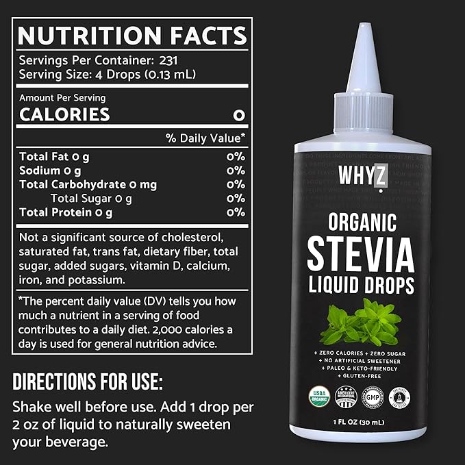 Organic Stevia Liquid Drops Zero Calorie Natural Sweetener for Coffee, Tea & Baking, Pure Stevia Extract, Keto Friendly, 1 fl oz, 228 Servings