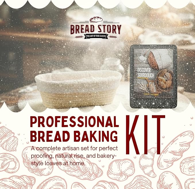 (10x6 inch) Oval Proofing Basket Set by Bread Story Oval Brotform Handmade Unbleached Natural Cane Bread Baking Kit with Cloth Liner Bread Baking e-book Course