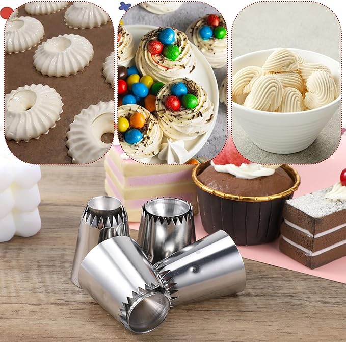 4 PCS Large Piping Tips Set Stainless Steel Big Icing Nozzles Kit with 10 PCS Piping Bag Cake Decorating Tips For Pastry, Cookies, Cupcakes, Baking Supplies