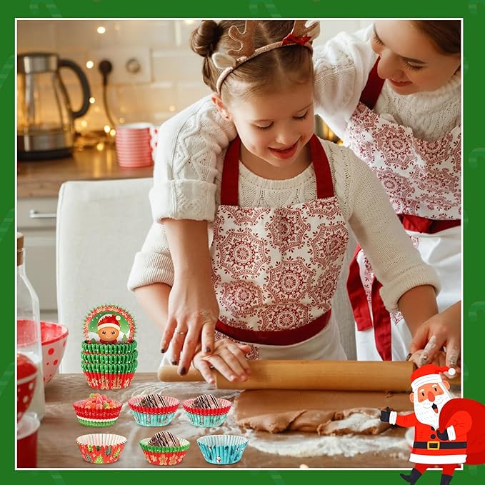 AUGSUN 800pcs Mini Cupcake Liners Christmas Cupcake Wrappers Santa Snowman Forest Mini Muffin Liners Papers Baking Candy Cups for Xmas Holiday Party Cake Candy Chocolate Making Supplies (8 Designs)
