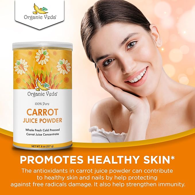 Organic Veda Carrot Powder - Made with Whole Fresh Cold Pressed Carrot Juice Concentrate - Ideal for Juice, Smoothie, Baking & Cooking - 100% Pure & Natural, 8 oz