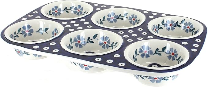 Blue Rose Polish Pottery - Blue Violet Muffin Pan - 12.5" x 8.5" - Ceramic Baking Dish, 6-Cup Muffin & Cupcake Pan
