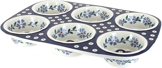 Blue Rose Polish Pottery - Blue Violet Muffin Pan - 12.5" x 8.5" - Ceramic Baking Dish, 6-Cup Muffin & Cupcake Pan