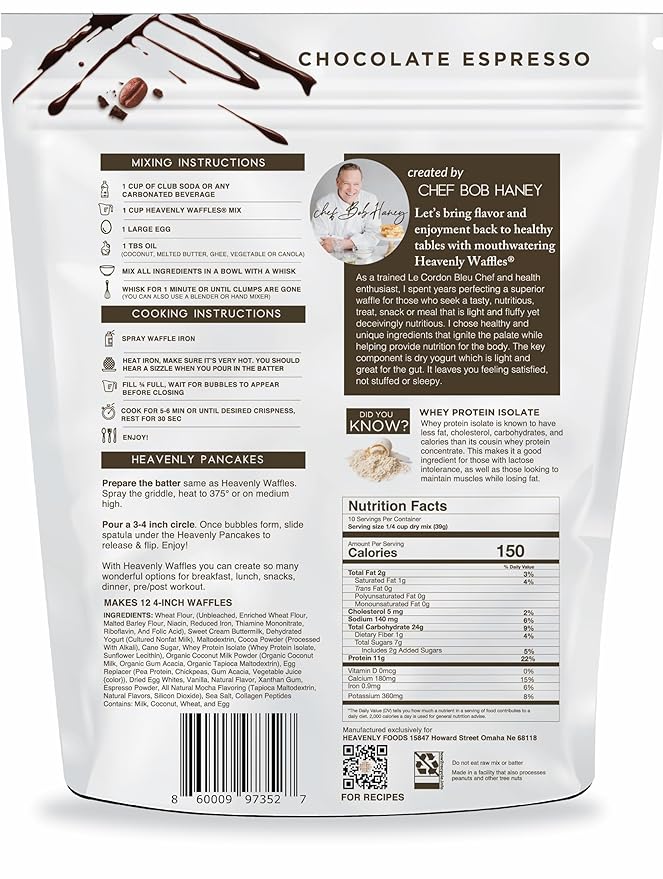 Heavenly Waffles® Mix, Chocolate Espresso, 11g Protein, Yogurt Based, Healthy and Nutritiously Balanced, Superior Tasting Waffles and Pancakes, 13.5 oz Pouch