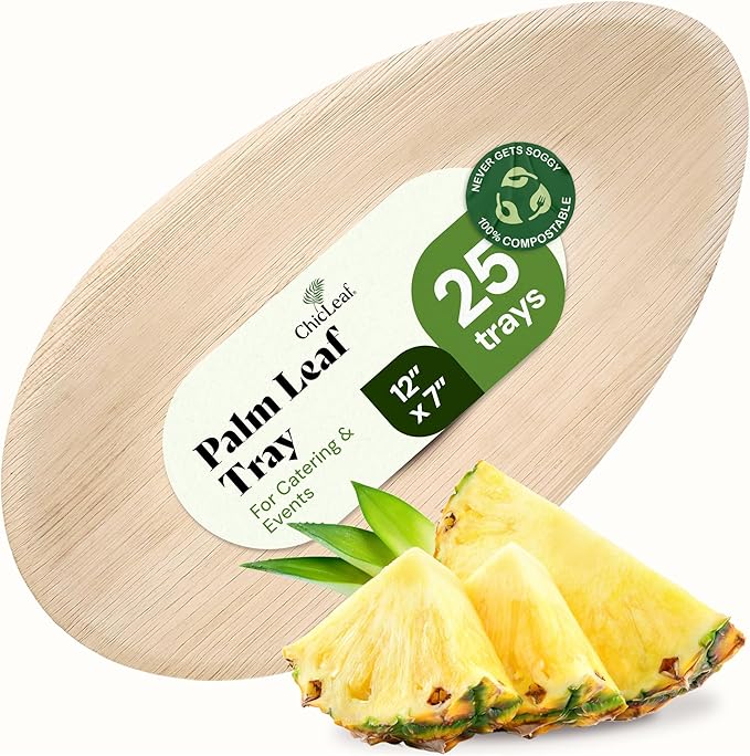 Chic Leaf All Natural Compostable & Disposable Rectangular 12" x 7" Palm Leaf Trays for Events, Parties, Thanksgiving Dinner Meal, Charcuterie, Catering & Weddings - Disposable Party Supplies (25 pc)