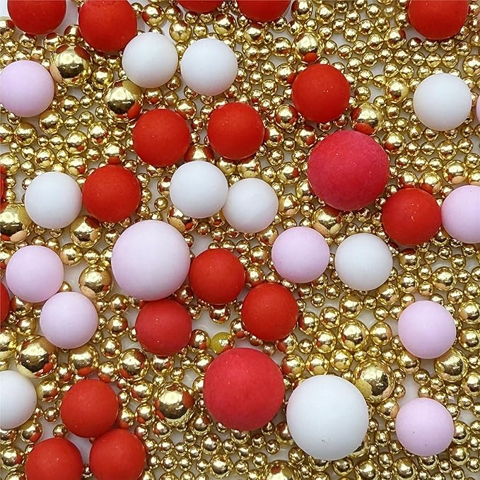 SE Si&Moos Red White and Pink Pearl Sprinkles Valentine Cupcake Sprinkles Edible Red and Gold Pearls for Cake Decorating Pink and White Pearls for Cakes Edible Pearl Cake Decorations Baby Shower Valentine Party Holiday Christmas Supplies 3 OZ
