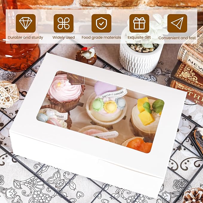 6 Pack Cupcake Boxes with Inserts 6 Holders, White Standard Bakery Boxes with Window Food Grade Cupcake Containers 6 Count for Muffins