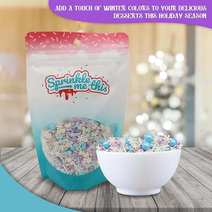 Let it Sprinkle - 8 Oz Resealable Bag - Winter and Christmas Themed Sprinkle Mix - Features Teal, Purple, and White Jimmies, Teal Pearls, and White Snowflake Quins - Cake and Ice Cream Sprinkles